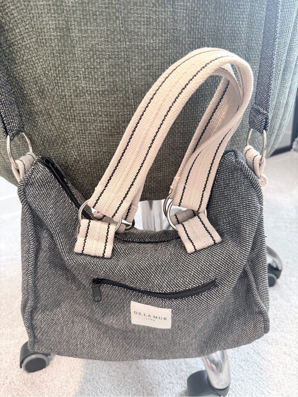 Delamur Black Canvas Shoulder Bag with Cream Striped Handles